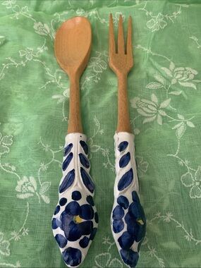 Blue and White Floral Wooden Spoon and fork